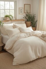 Fototapeta premium Cozy bedroom interior featuring beige bedding, pillows, and potted plants. Warm, inviting atmosphere with natural light