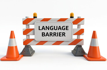 Orange barricade with sign saying Language barrier in front of white background with two traffic cones. Conceptual image represents communication issues, translation needs, perfect for educational