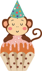 Naklejka premium Happy birthday monkey with cupcake