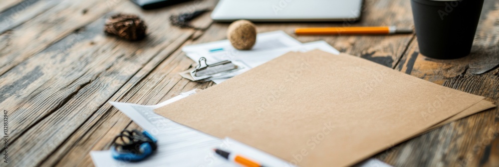Poster minimalist workspace harmony rustic wooden desk with neutral stationery, digital workflow essentials