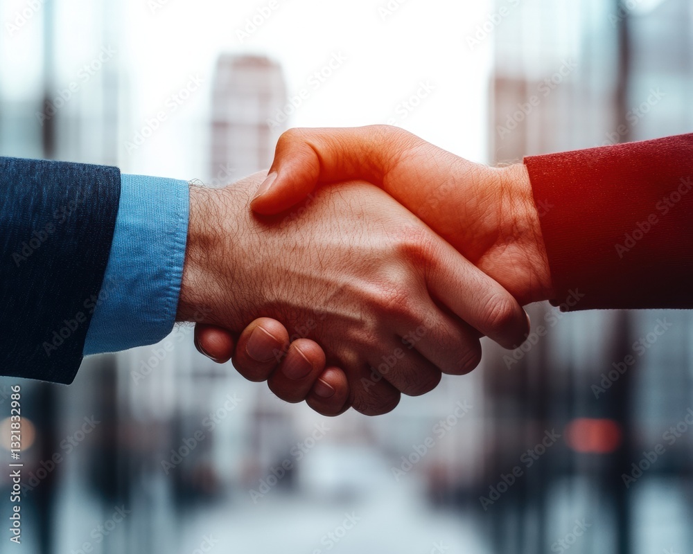 Aufkleber Hybrid Work Collaboration Dynamic Business Partnership Visualized through Empowered Handshake in Modern Urban Professional Workspace - Transformative Corporate Connection