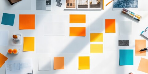 Dynamic Collaborative Innovation Gen Z Professional Workspace Design with Vibrant Sticky Notes, Minimalist Aesthetic, and Agile Brainstorming Techniques for Modern Creative Problem-Solving