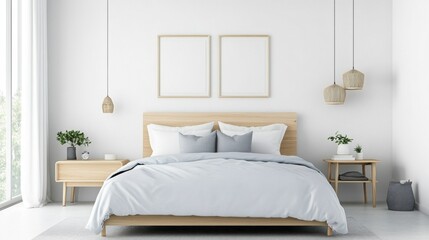 A serene Scandinavian-style bedroom with soft pastel hues, light wood furnishings, and an open, uncluttered layout.