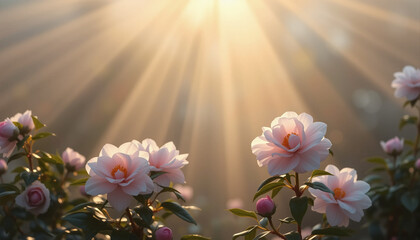 White flowers with sunlight rays against a blurred background.