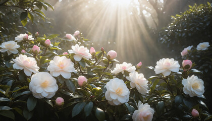 White flowers with sunlight rays against a blurred dark green background.