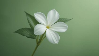 A single white plumeria flower against a light green background.