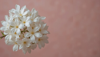 A cluster of white flowers against a blurred pink background.