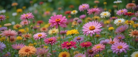 A field of pink, purple, yellow flowers against a blurred flower background.
