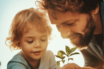 Father and child planting a small green plant in sunlight, close-up view. Smiling faces, nurturing moment