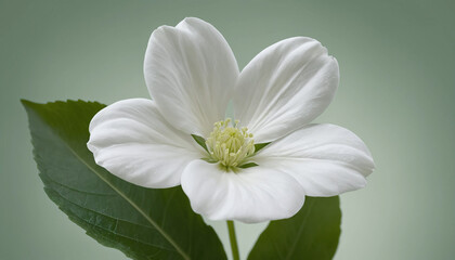 A single white flower with a green leaves, light green gradient background.