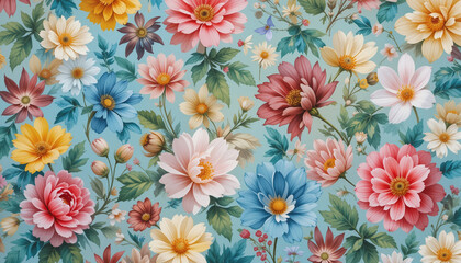 A drawn pattern of various colorful flowers on blue background.