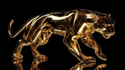 A golden animal sculpture shown poised on a reflective surface