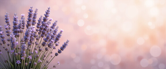 Lavender flowers against a blurred light pink background with large empty space at right.