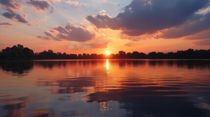 Serene sunset over tranquil lake