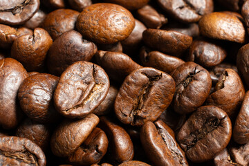 Freshly roasted coffee beans macro photography.