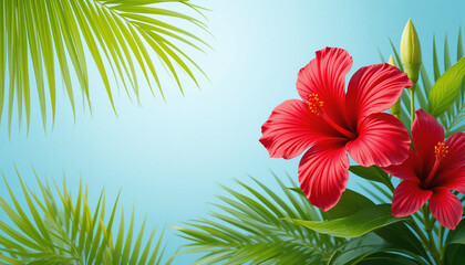 Red Hibiscus flowers with green leaves and palm branches against a light blue background.