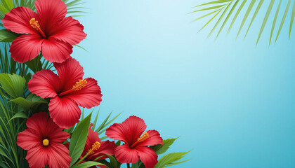 A corner of red Hibiscus flowers with green leaves against a light blue background.