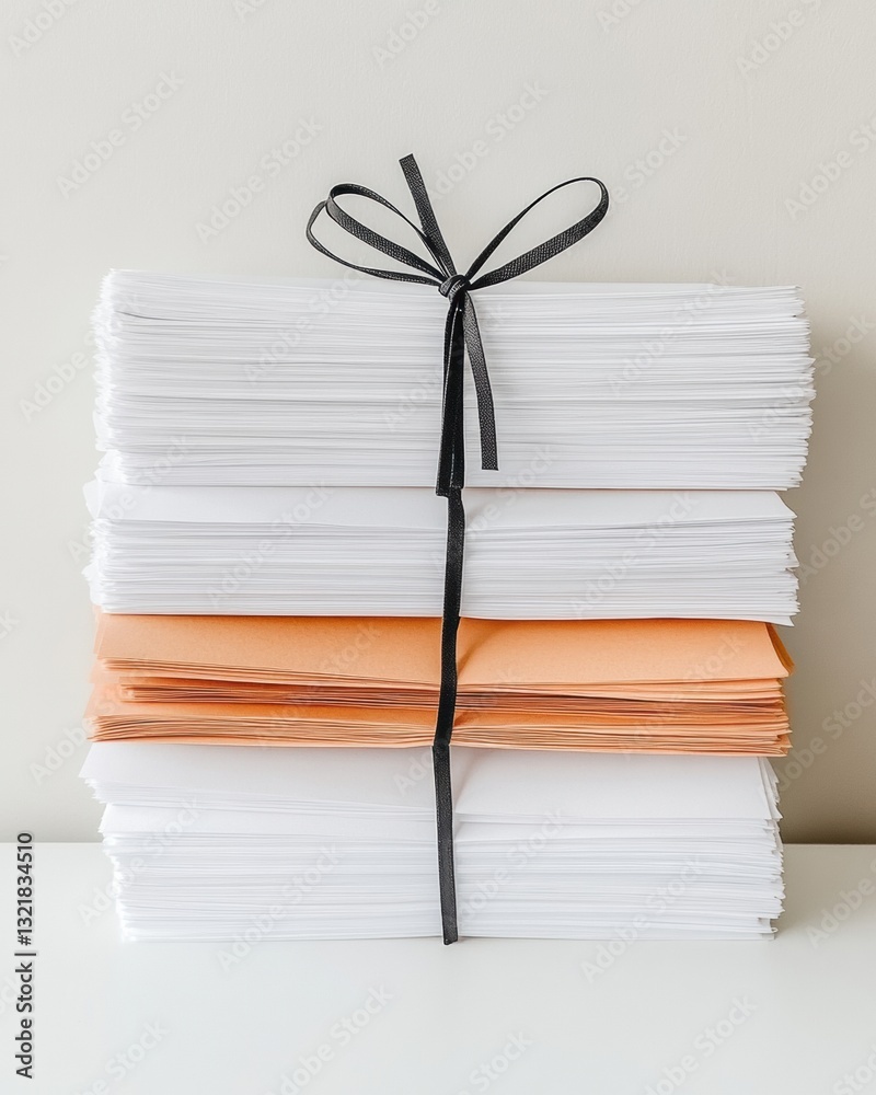 Poster Minimalist Document Management Elegant Ribbon-Tied Paper Stack Showcasing Modern Workflow Optimization for Digital Professionals and Creative Enterprises