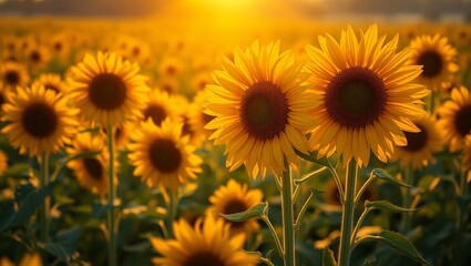 A photography of a sunflower field capturing the vast expanse of yellow blossoms under a bright summer sky.