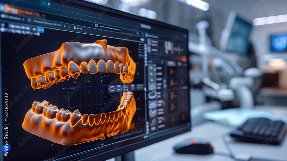 Poster detailed 3d model of human teeth and jaws displayed on a computer monitor in a contemporary dental c