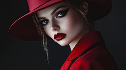 an edgy model in red attire, wearing a stylish hat and makeup with dramatic black eye shadow, against a dark background.