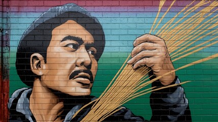 Obraz premium Mural of a Man Harvesting Wheat on a Brick Wall