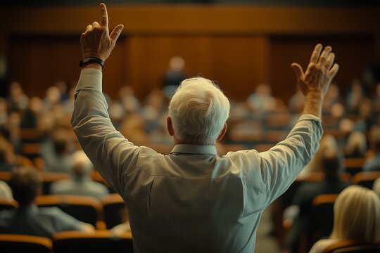 An elderly man with white hair actively participates in a conference by raising both hands, engaging with the speaker.