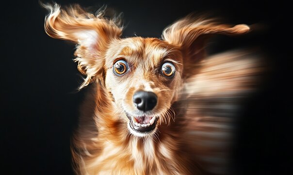 A brown dog with wide eyes in a panicked expression