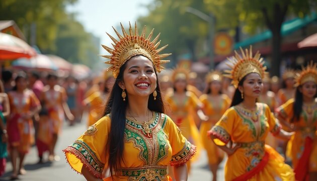 Kadayawan Festival dancers perform traditional dances wearing costumes. Cultural event at asian street. Smiling women at vibrant parade, enjoy celebration. Filipino culture, religion, travel tour