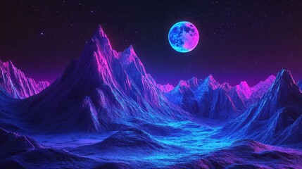 Fototapeta premium Vibrant Neon Mountains Under a Cosmic Sky at Night with a Futuristic Landscape