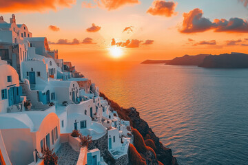 Fototapeta premium Sunset over Santo Santo Island's ocean, painting the sky in vibrant hues, casting golden reflections on the rippling water.