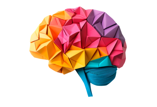 Colorful human brain origami paper cut isolated on transparent background
