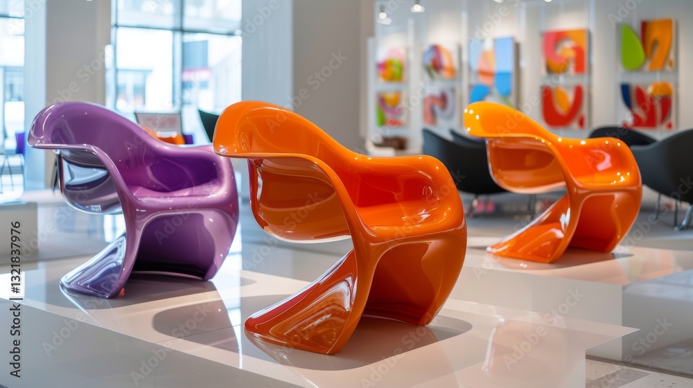 Fototapete Three uniquely designed chairs in purple and orange are arranged in a modern art gallery filled with colorful paintings and sculptures, creating a lively and inviting atmosphere.