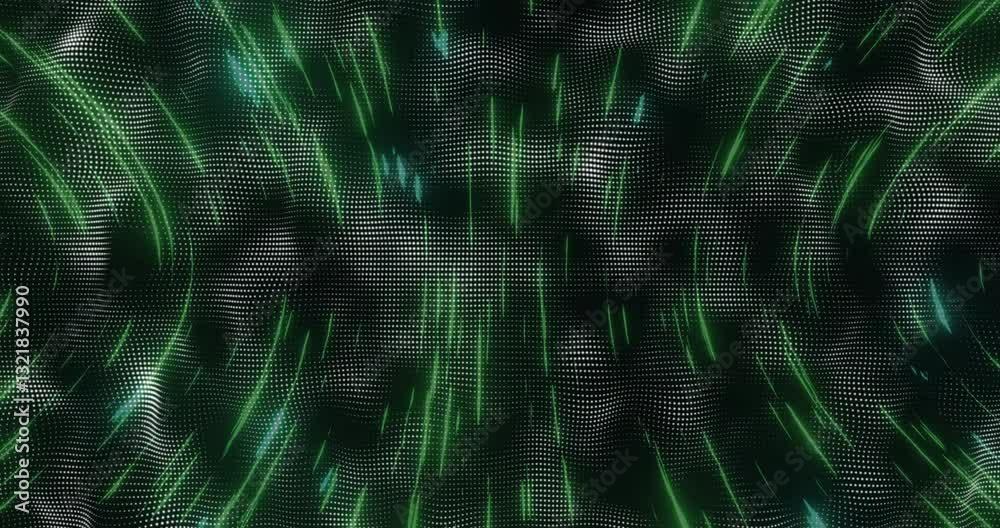 Poster animation of green digital lines and dots creating wave patterns on dark background