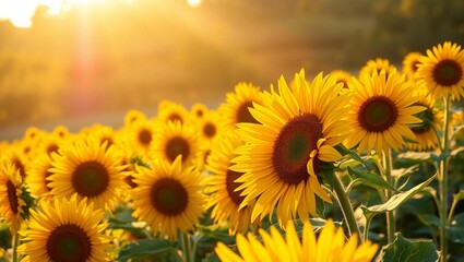Fototapeta premium A photography of a sunflower field capturing the vast expanse of yellow blossoms under a bright summer sky.