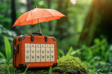 Suitcase with umbrella, calendar on top, against a brick wall. Travel plans await.