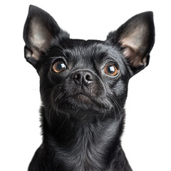 Close-up of a black Chihuahua with alert expression isolated on white background, showcasing its big ears and shiny fur.