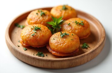 Tasty Litti Chokha dish served on wooden plate. Indian cuisine snack meal. Round shaped baked dough balls with herbs. Traditional food for dinner. Healthy cooked appetizer for restaurant food