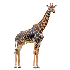 Fototapeta premium Majestic giraffe standing tall, showcasing unique patterned coat and long neck, isolated on white background.