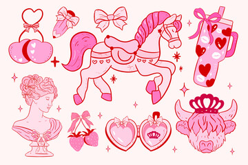 Carousel collection of whimsical, coquette clipart, cute, y2k, coquette aesthetic, bows clipart, ,vintage,RETRO,AESTHETIC,nostalgia, Highland cow, strawberries, cherries with heart, Heart locket