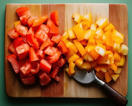 Modern Culinary Color Theory Fresh Tomato and Yellow Bell Pepper Prep - Vibrant Farm-to-Table Wellness Visualization for Mindful Cooking Enthusiasts