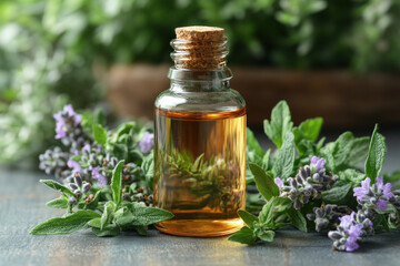 A bottle of essential oil is on a table next to some flowers