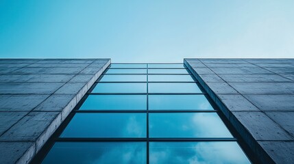 Upward view of modern building with glass windows and blue sky