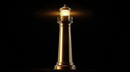 A shiny golden lighthouse radiates a warm light in the darkness