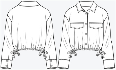CROP LENGTH DROP SHOULDER WOVEN SHIRT WITH FLAP POCKET AND SIDE TIE UP DETAIL DESIGNED FOR TEEN AND KID GIRLS IN VECTOR ILLUSTRATION FILE