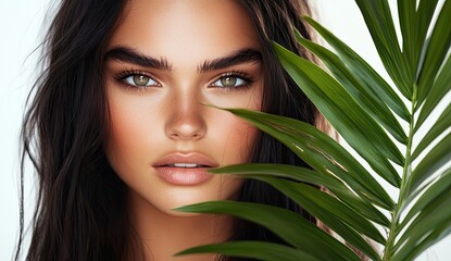Naklejka premium Skincare commercial model, long dark hair, beauty portrait, clean, healthy skin tone, green palm leaf in front of face for contrast, white background with soft lighting