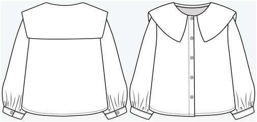LONG PUFF SLEEVES WOVEN TOP WITH PETER PAN COLLAR DETAIL DESIGNED FOR TEEN AND KID GIRLS IN VECTOR ILLUSTRATION FILE
