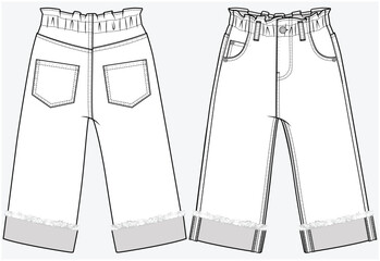 LOOSE FIT STRAIGHT DENIM JEANS WITH PAPER BAG WAIST AND  FRAYED TURN UP HEMLINE DETAIL DESIGNED FOR KID GIRLS TWEEN GIRLS AND TODDLER GIRLS IN VECTOR FILE