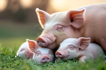 Pig family resting together in green grass at sunset