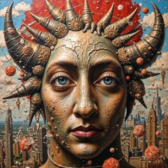 Surreal Woman with Horns Cityscape Headdress